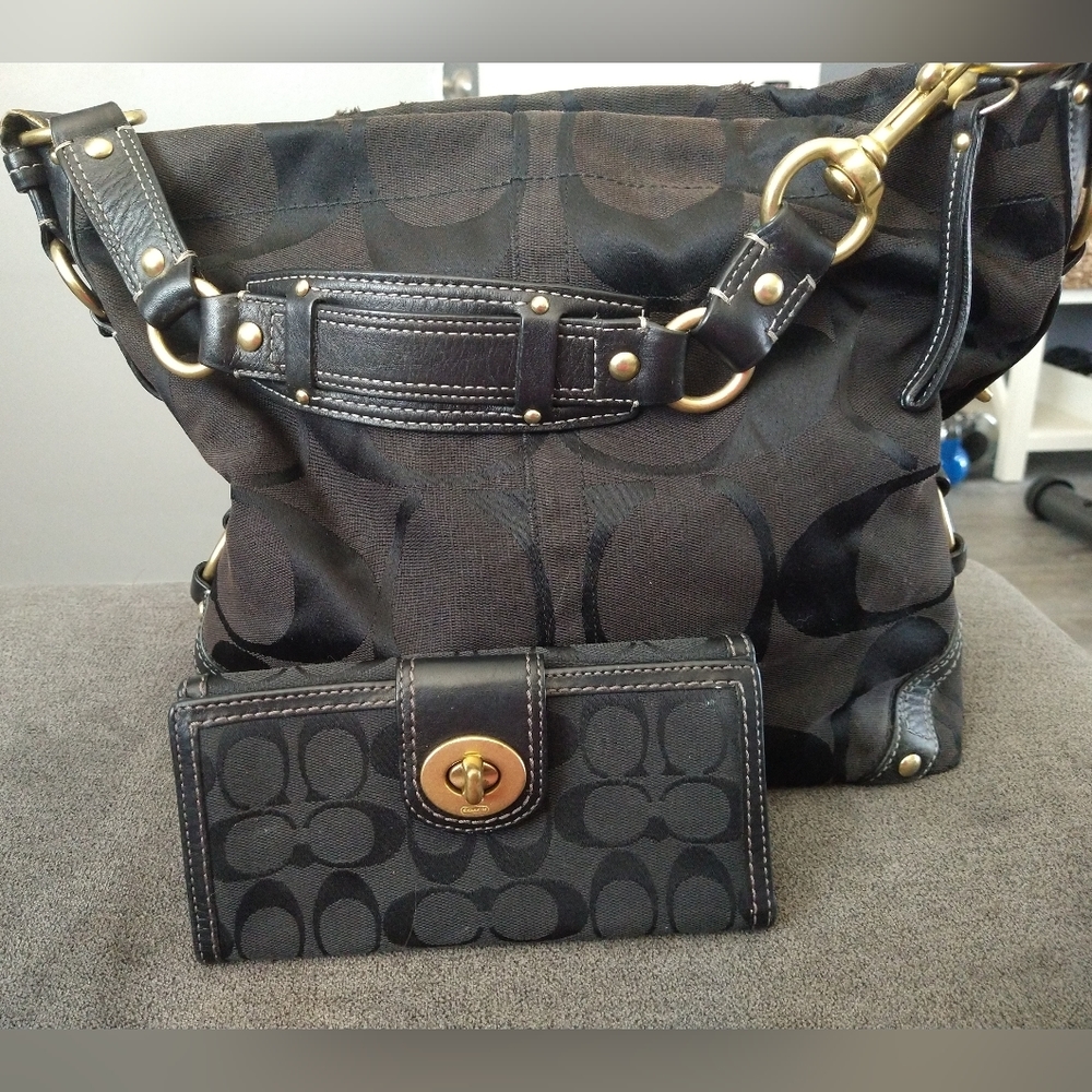 Coach Carly black canvas handbag and wallet lot